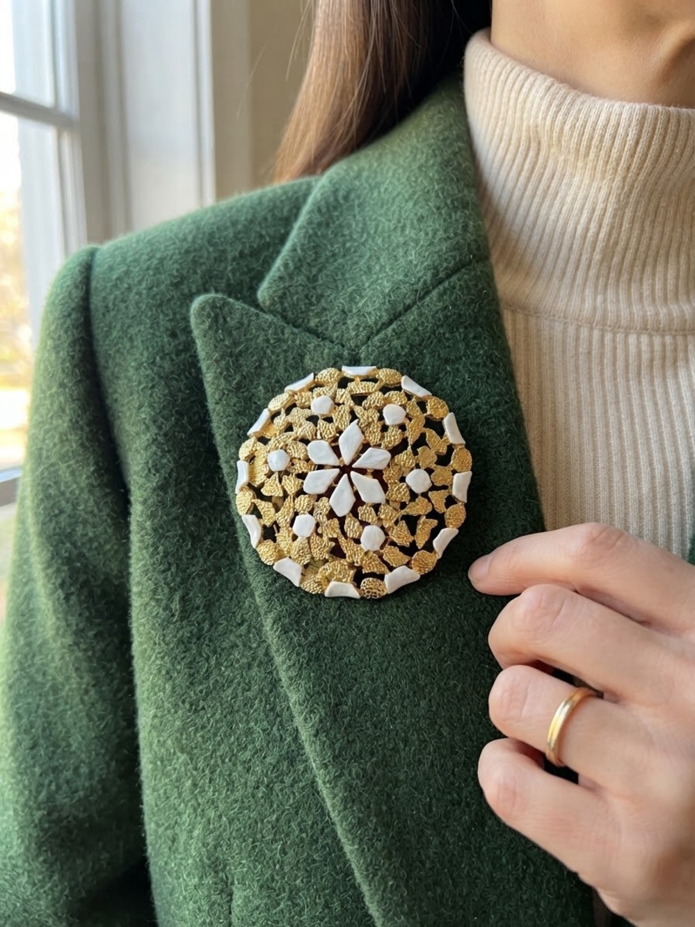 ✨ Vintage Signed HOLLY HILL Gold-Tone & White Enamel Brooch / Clip 🤍💛